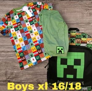 🆕️Minecraft Boys XL T-Shirt and Pants Pjs Set with Backpack